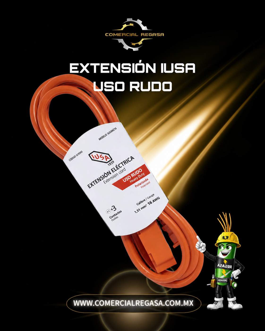 Extensión Uso Rudo IUSA | Cable Eléctrico Reforzado 16 AWG para Herramientas