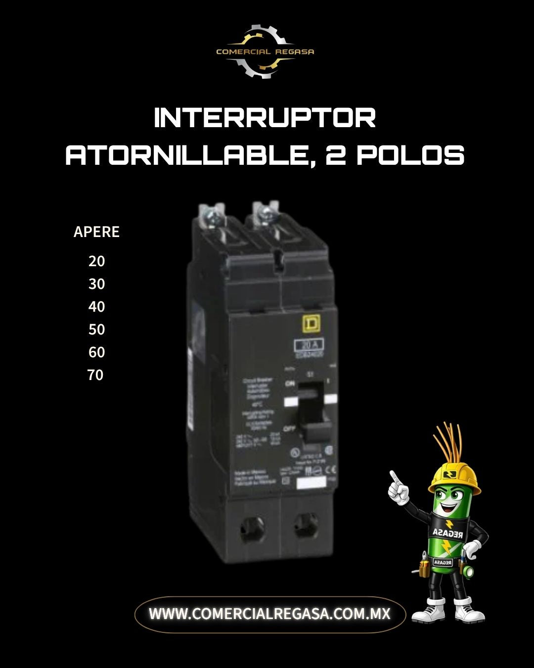 Interruptor Termomagnético Atornillable QOB 2 Polos Square D | Pastilla Eléctrica Bolt-On