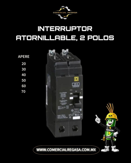 Interruptor Termomagnético Atornillable QOB 2 Polos Square D | Pastilla Eléctrica Bolt-On