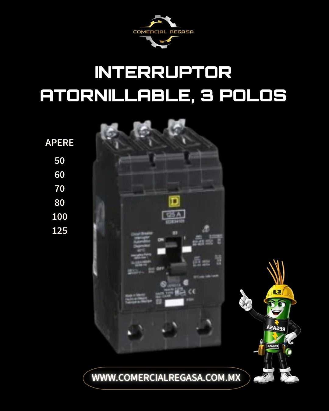 Interruptor Termomagnético Atornillable QOB 3 Polos Square D | Pastilla Trifásica Bolt-On