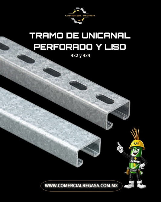 Tramo de unicanal perforado y liso galvanizado de 3 metros para soporte eléctrico